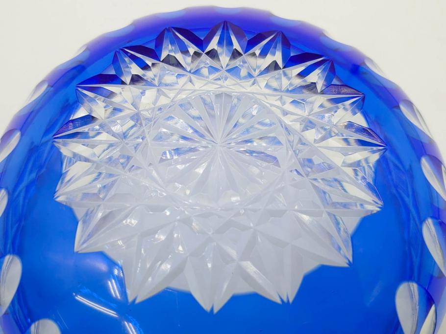 時代物　切子　色被せ　青　爽やかな雰囲気のガラスボウル(硝子、深皿、鉢)(R-082761)