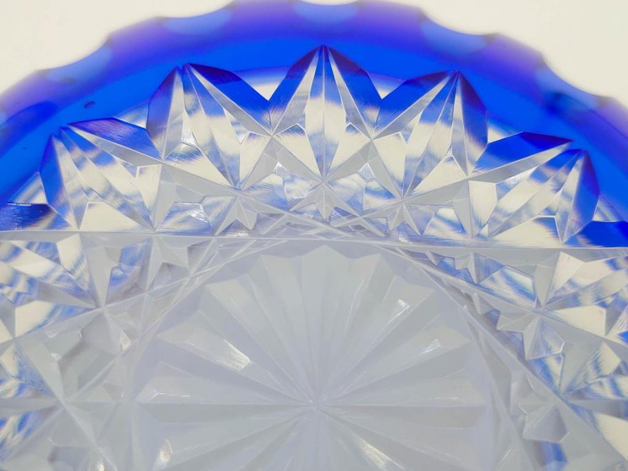 時代物　切子　色被せ　青　爽やかな雰囲気のガラスボウル(硝子、深皿、鉢)(R-082761)