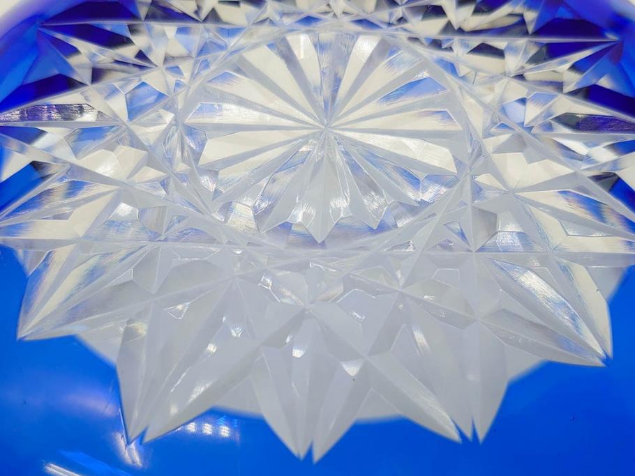 時代物　切子　色被せ　青　爽やかな雰囲気のガラスボウル(硝子、深皿、鉢)(R-082761)