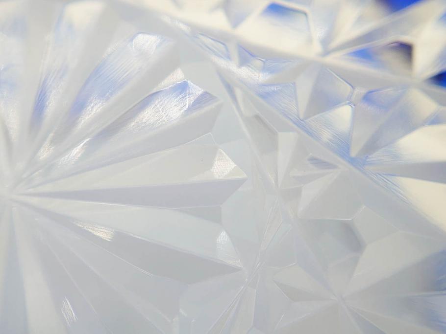 時代物　切子　色被せ　青　爽やかな雰囲気のガラスボウル(硝子、深皿、鉢)(R-082761)