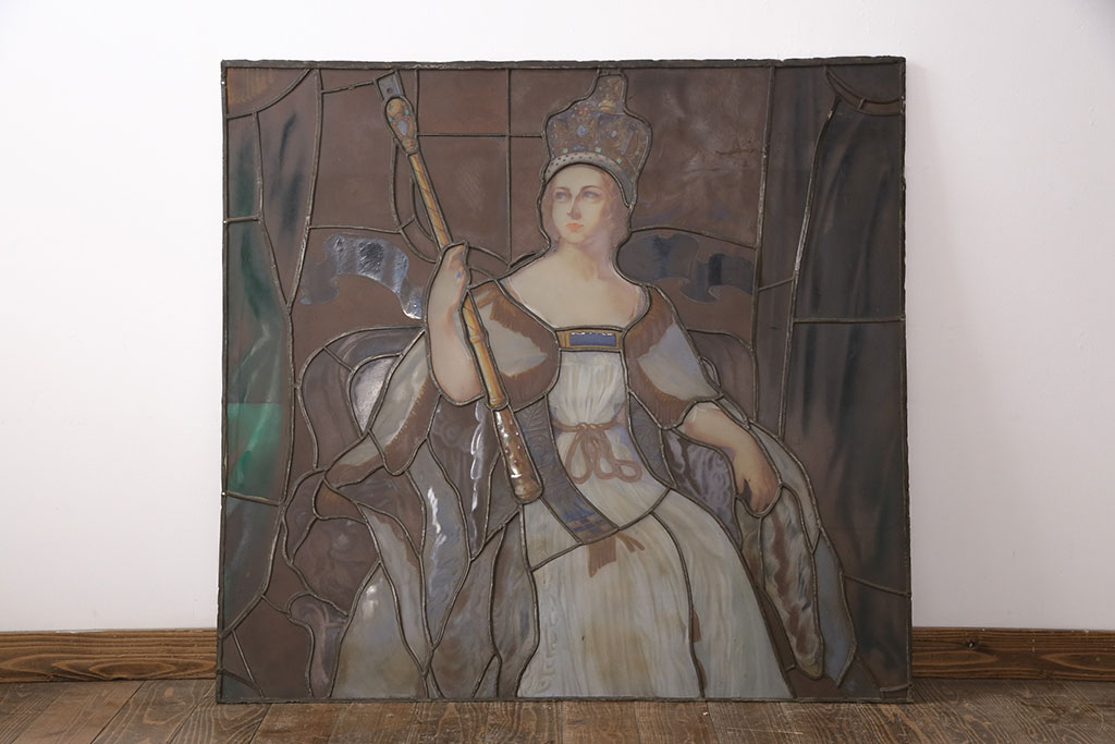 和製アンティーク　国産　ヨーロッパの絵画のような絵柄が魅力的なステンドグラス3枚セット(明り取り、窓)(R-050737)