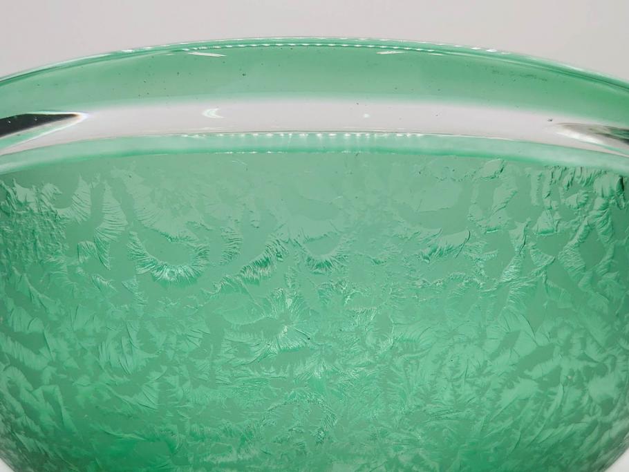 時代物　大正～昭和初期　結霜ガラス　緑　レトロな雰囲気を醸し出すガラスボウル(硝子、グリーン、深皿)(R-082762)