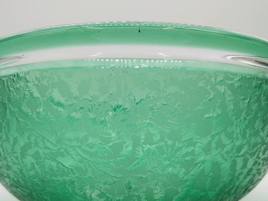 時代物　大正～昭和初期　結霜ガラス　緑　レトロな雰囲気を醸し出すガラスボウル(硝子、グリーン、深皿)(R-082762)