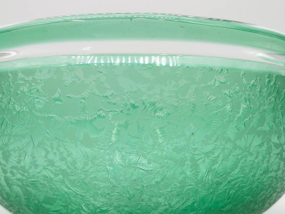 時代物　大正～昭和初期　結霜ガラス　緑　レトロな雰囲気を醸し出すガラスボウル(硝子、グリーン、深皿)(R-082762)