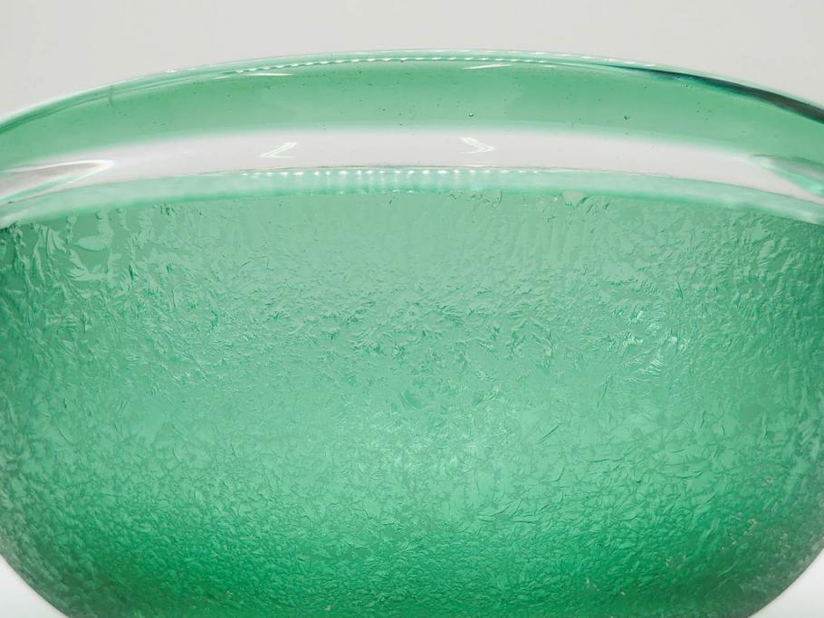 時代物　大正～昭和初期　結霜ガラス　緑　レトロな雰囲気を醸し出すガラスボウル(硝子、グリーン、深皿)(R-082762)