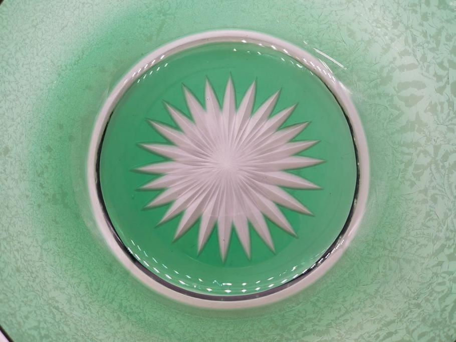 時代物　大正～昭和初期　結霜ガラス　緑　レトロな雰囲気を醸し出すガラスボウル(硝子、グリーン、深皿)(R-082762)