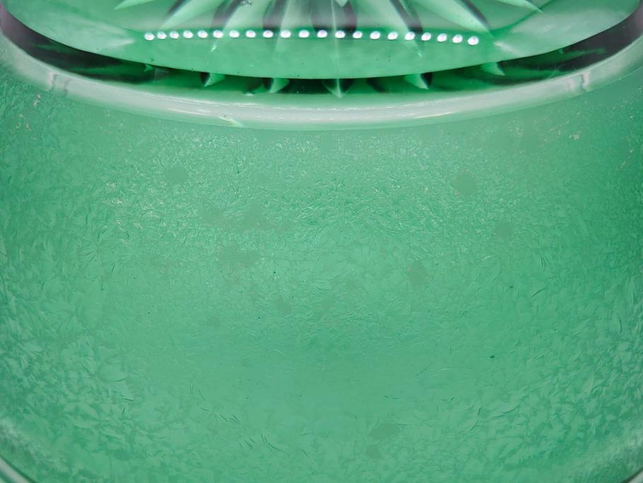 時代物　大正～昭和初期　結霜ガラス　緑　レトロな雰囲気を醸し出すガラスボウル(硝子、グリーン、深皿)(R-082762)