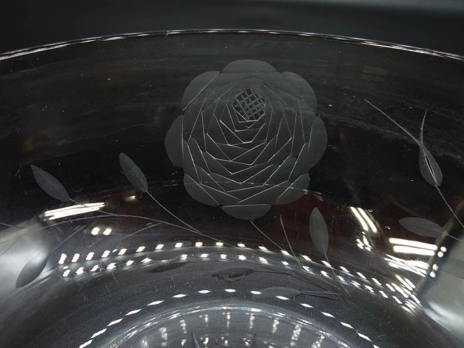 当時物　大正～昭和初期　切子　花　淑やかな佇まいのガラスボウル(バラ、薔薇、硝子、深皿、深鉢)(R-082763)