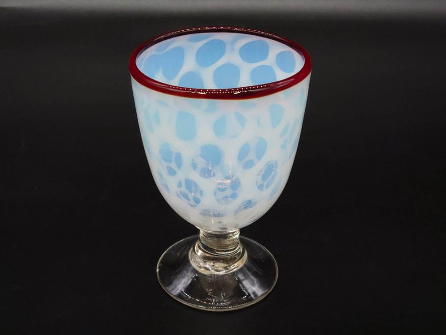 当時物　大正〜昭和初期　棗型(なつめ形)　乳白水玉　可愛らしい印象の赤縁氷コップ2客セット(吹きガラス、硝子、グラス、和ガラス)(R-082764)