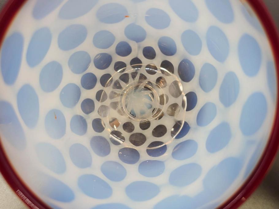 当時物　大正〜昭和初期　棗型(なつめ形)　乳白水玉　可愛らしい印象の赤縁氷コップ2客セット(吹きガラス、硝子、グラス、和ガラス)(R-082764)