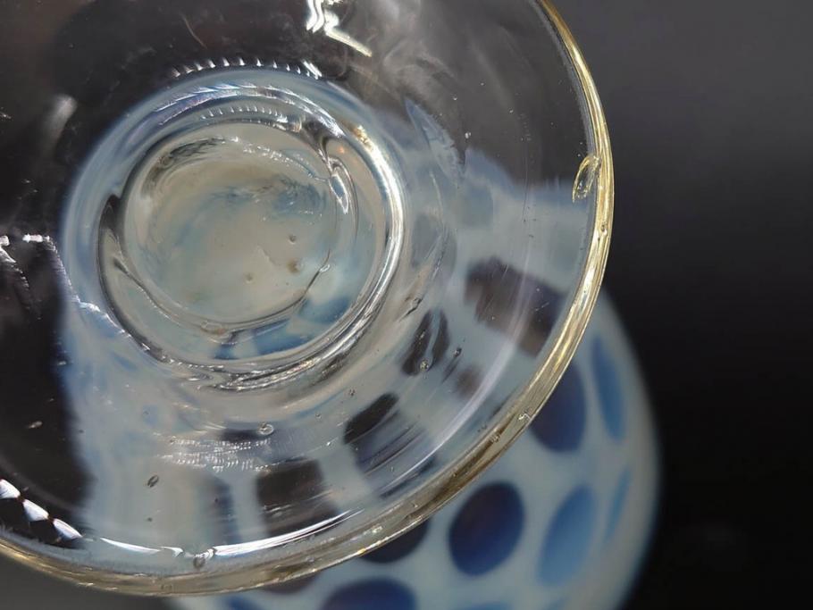 当時物　大正〜昭和初期　棗型(なつめ形)　乳白水玉　可愛らしい印象の赤縁氷コップ2客セット(吹きガラス、硝子、グラス、和ガラス)(R-082764)