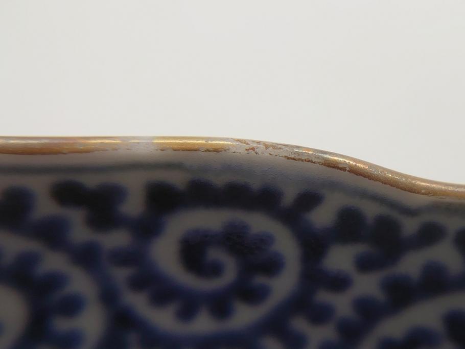 江戸期　古伊万里　宣徳年製　染付　変形　蛸唐草文　5寸皿　約15cm　総蛸唐草の絵付けに魅了される皿2枚セット(五寸、和皿、なます皿、和食器)(R-061821)