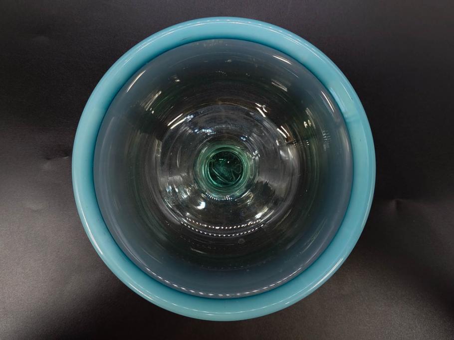 当時物　大正〜昭和初期　椀型　白色糸巻　輪花　優しい風合いを持つ青縁氷コップ2点セット(椀形、小鉢、吹きガラス、アイスクリームカップ、デザート、水色)(R-082765)