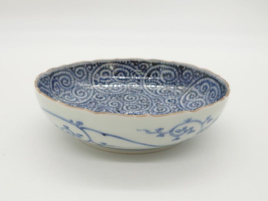 江戸期 古伊万里 宣徳年製 染付 変形 蛸唐草文 5寸皿 約15cm 総蛸唐草 