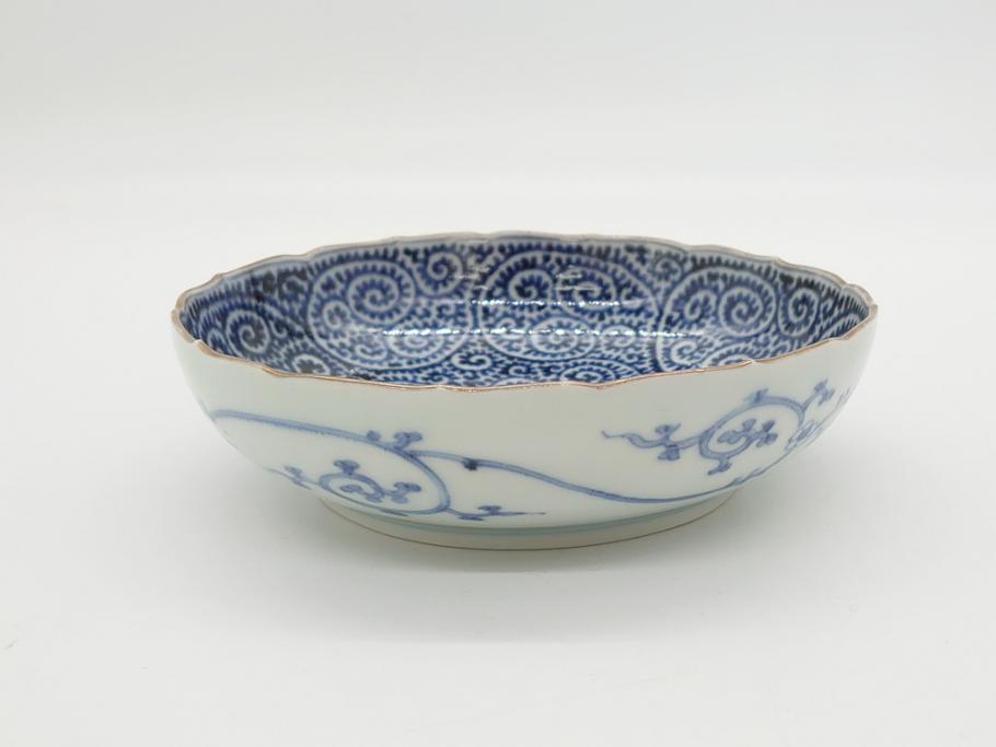 江戸期　古伊万里　宣徳年製　染付　変形　蛸唐草文　5寸皿　約15cm　総蛸唐草の絵付けに魅了される皿3枚セット(五寸、和皿、なます皿、和食器)(R-061819)