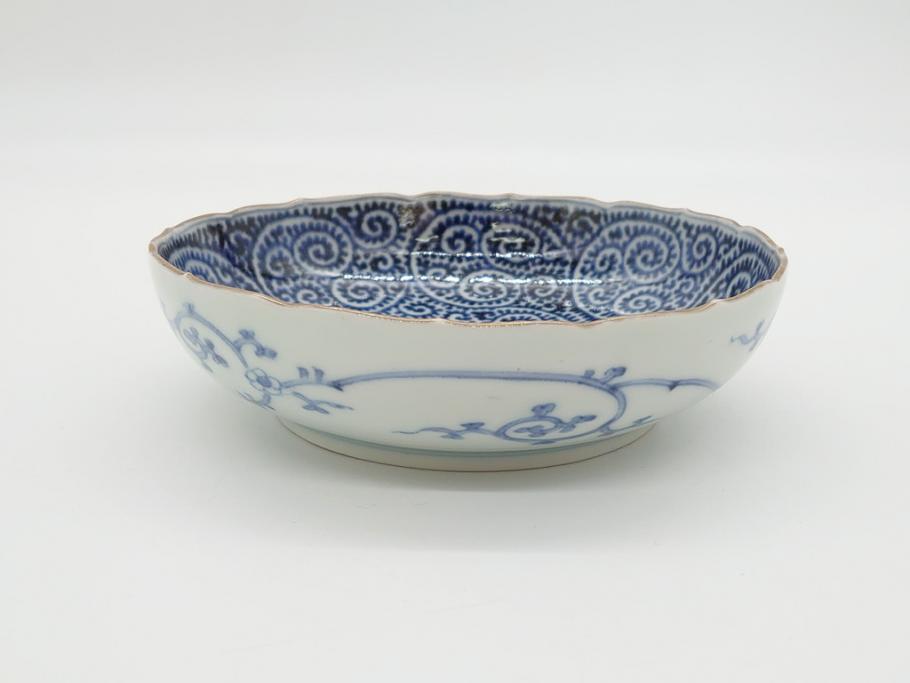 江戸期　古伊万里　宣徳年製　染付　変形　蛸唐草文　5寸皿　約15cm　総蛸唐草の絵付けに魅了される皿3枚セット(五寸、和皿、なます皿、和食器)(R-061819)