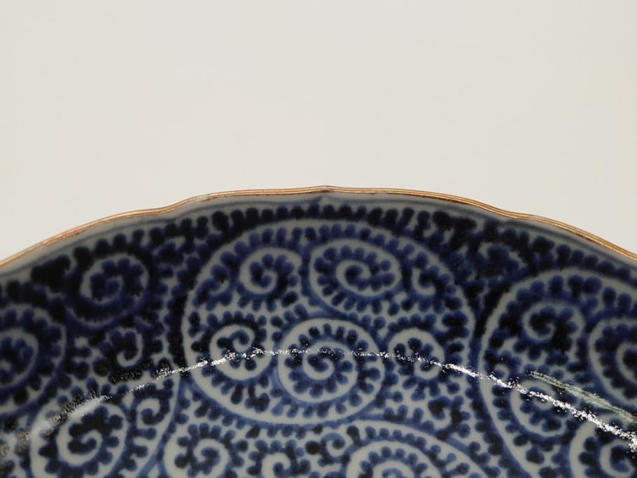江戸期　古伊万里　宣徳年製　染付　変形　蛸唐草文　5寸皿　約15cm　総蛸唐草の絵付けに魅了される皿3枚セット(五寸、和皿、なます皿、和食器)(R-061819)