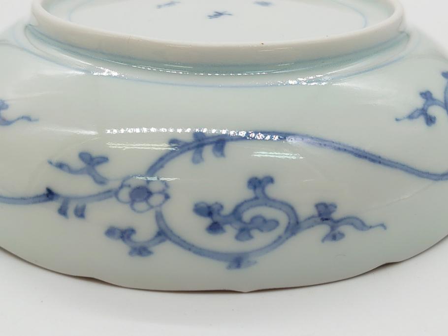 江戸期　古伊万里　宣徳年製　染付　変形　蛸唐草文　5寸皿　約15cm　総蛸唐草の絵付けに魅了される皿3枚セット(五寸、和皿、なます皿、和食器)(R-061819)