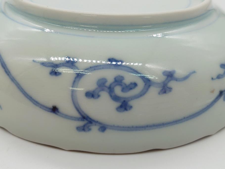 江戸期　古伊万里　宣徳年製　染付　変形　蛸唐草文　5寸皿　約15cm　総蛸唐草の絵付けに魅了される皿3枚セット(五寸、和皿、なます皿、和食器)(R-061819)