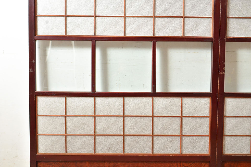 アンティーク建具　腰板ケヤキ材　漆塗り　和の風情たっぷりの両面格子入り障子戸2枚セット(引き戸、建具)(R-048355)