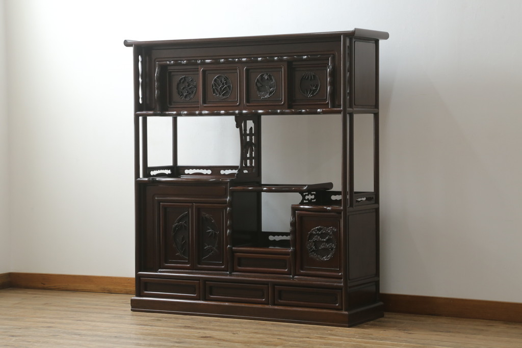 中古　民芸家具　花梨(カリン、唐木)　深みのある色合いが美しい飾り棚(戸棚、茶棚、違い棚)(R-057784)