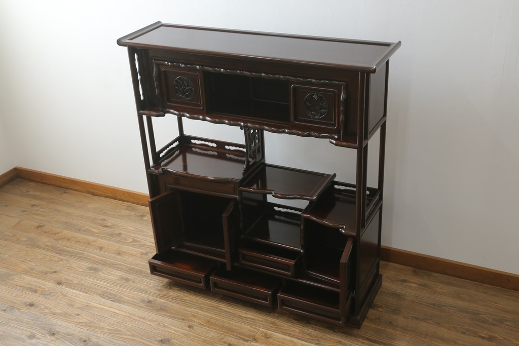 中古　民芸家具　花梨(カリン、唐木)　深みのある色合いが美しい飾り棚(戸棚、茶棚、違い棚)(R-057784)