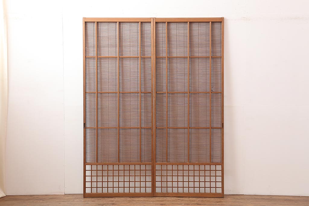 レトロ建具　昭和中期　風情のある御簾戸2枚セット(簾戸、簀戸、葭戸、夏障子、夏戸、葦戸)(R-045694)
