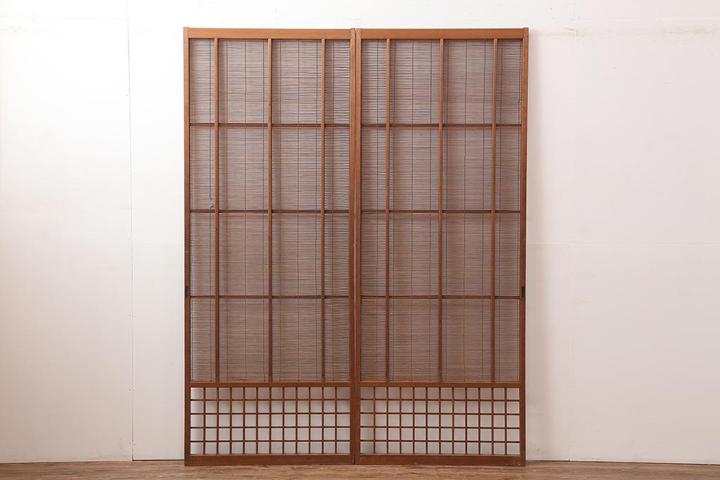 レトロ建具　昭和中期　風情のある御簾戸2枚セット(簾戸、簀戸、葭戸、夏障子、夏戸、葦戸)(R-045694)