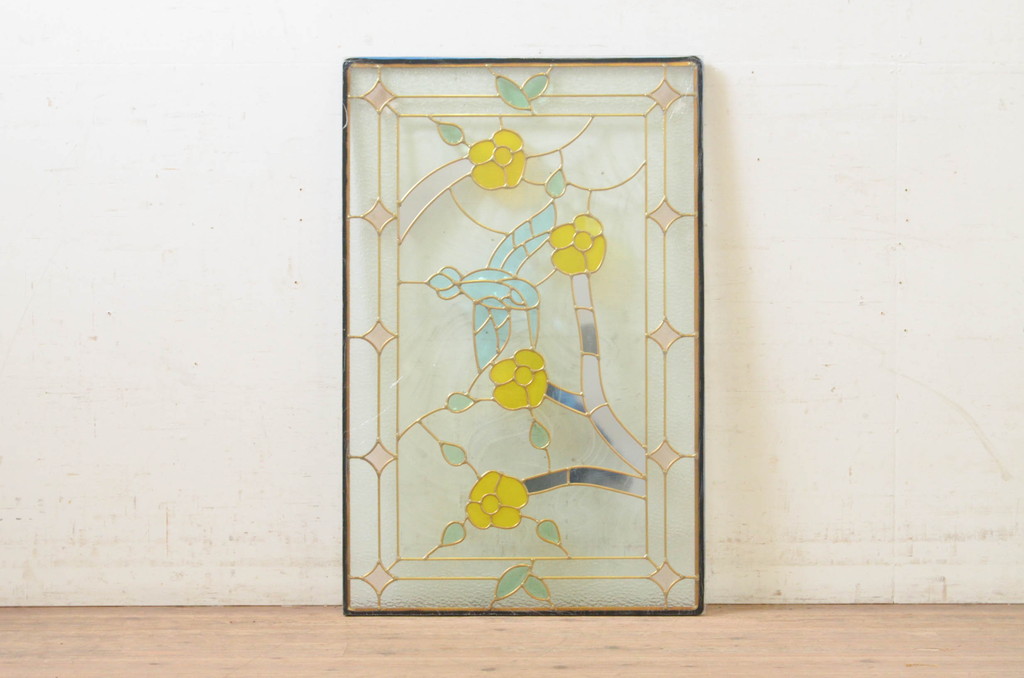 未使用品　蜂鳥と花(はちどりとはな)　デットストック品のステンドグラス(建具、ドア、窓、照明、衝い立て、衝立、つい立て)(定価約12万4千円)(R-074453)