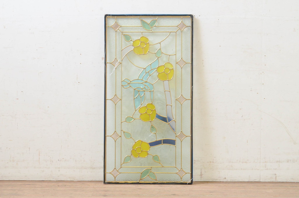 未使用品　蜂鳥と花(はちどりとはな)　デットストック品のステンドグラス(建具、ドア、窓、照明、衝い立て、衝立、つい立て)(定価約10万8千円)(R-074452)