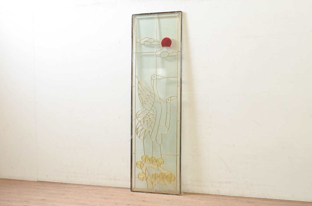 未使用品　松の上の鶴(まつのうえのつる)　デットストック品のステンドグラス(建具、ドア、窓、照明、衝い立て、衝立、つい立て)(定価約17万3千円)(R-074409)