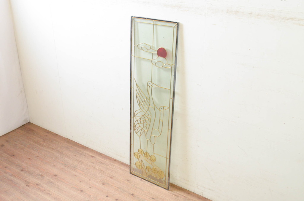 未使用品　松の上の鶴(まつのうえのつる)　デットストック品のステンドグラス(建具、ドア、窓、照明、衝い立て、衝立、つい立て)(定価約17万3千円)(R-074409)