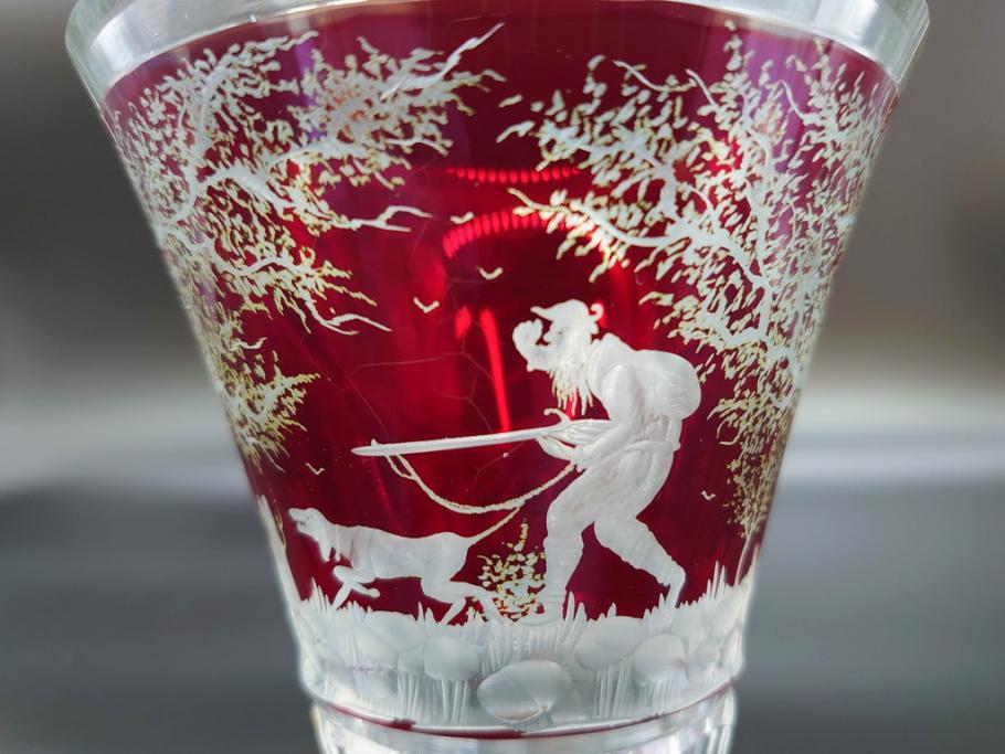 チェコ製　GLASSBOR(グラスバー)　鹿模様　ボヘミアガラス　ボヘミアングラス　花器(カットグラス、切子、フラワーベース、花瓶)(R-069698)