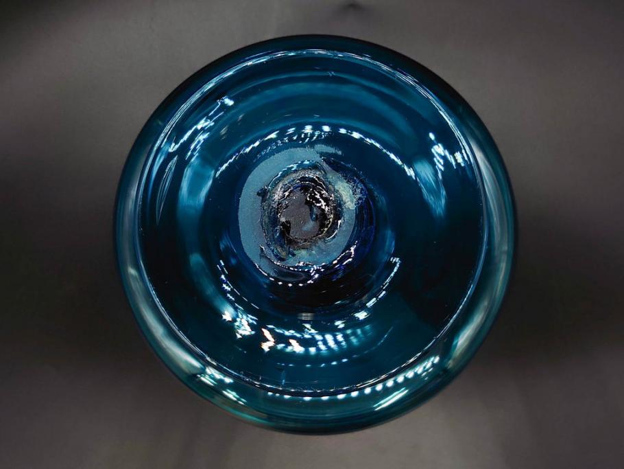 当時物　大正～昭和初期　吹きガラス　海のような澄んだ青色に惹かれるコンポート(フルーツボウル、果物入れ、デザートディッシュ、タッツア、硝子、和ガラス)(R-082790)