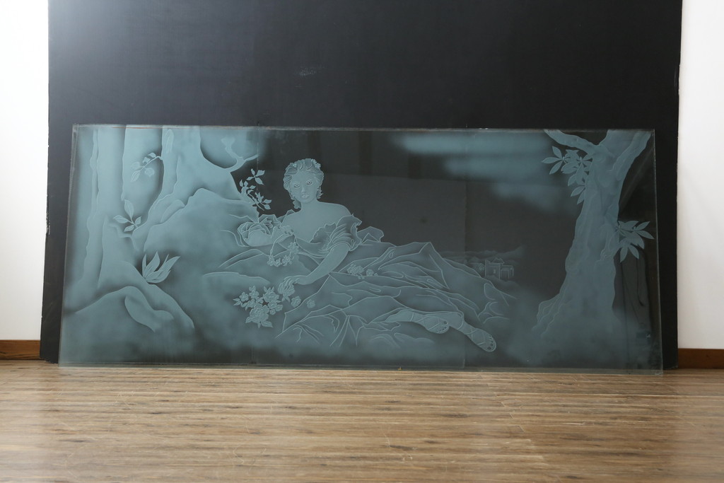 中古　建具　特大!!　職人手作り　草木・花と女性を描いた幻想的な特注品ガラスアート1枚(ガラス絵彫り、明り取り、明かり取り、窓ガラス)(製作費約400万円)(R-081284)