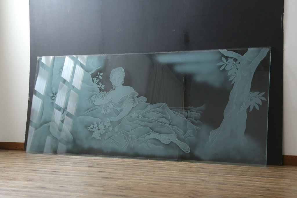 中古　建具　特大!!　職人手作り　草木・花と女性を描いた幻想的な特注品ガラスアート1枚(ガラス絵彫り、明り取り、明かり取り、窓ガラス)(製作費約400万円)(R-081284)