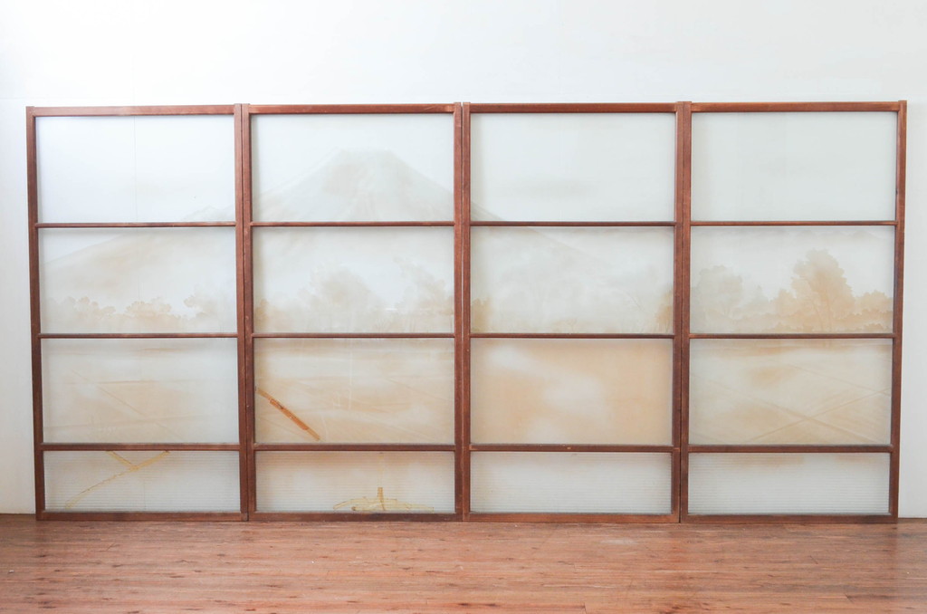 アンティーク建具　珍品!!　希少!!　富士のガラス絵が風情あるガラス戸4枚セット(引き戸)(R-074217)