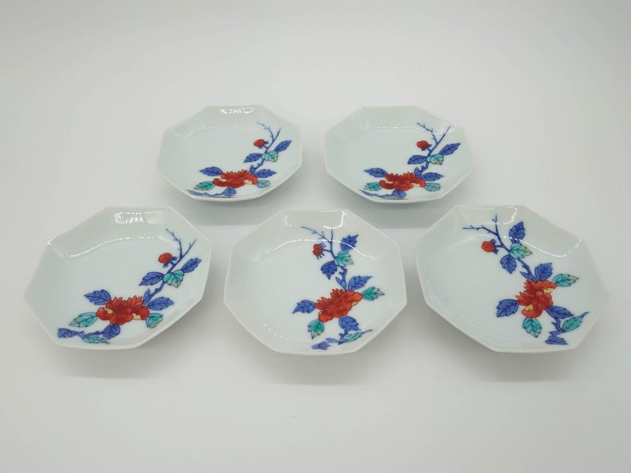 今泉今右衛門　綿牡丹絵　小皿5枚(八角皿、色鍋島、和食器、共箱付き)(R-069703)