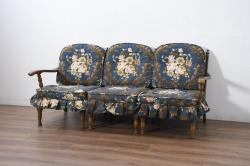 中古　飛騨産業　キツツキ　穂高シリーズ　美しい花柄が際立つ3人掛けソファ(3P、三人掛け、リビングチェア、トリプルソファ、アームソファ)(定価約40万円)(R-082296)