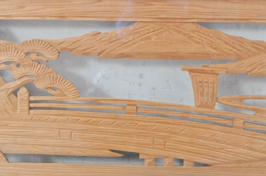ビンテージ建具　風情ある松と城の図柄が美しい彫刻欄間2枚セット(明かり取り、明り取り、ヴィンテージ)(R-073601)
