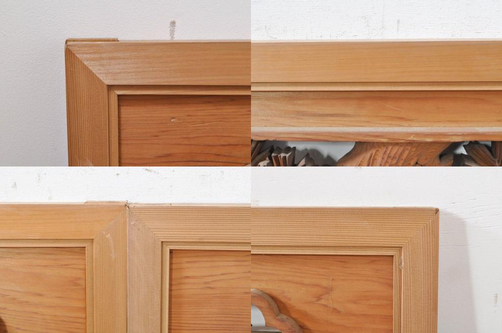 ビンテージ建具　躍動感あふれる鶴と松が目を惹く彫刻欄間2枚セット(明かり取り、明り取り、ヴィンテージ)(R-073598)