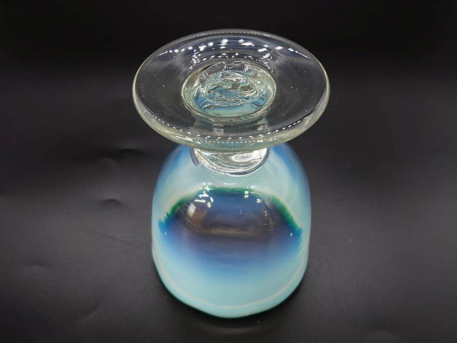 当時物　大正～昭和初期　棗型(なつめ形)　緑縁　輪花　乳白ぼかし　柔らかく温かみを感じる氷コップ2客セット(吹きガラス、硝子、グラス、和ガラス)(R-082793)