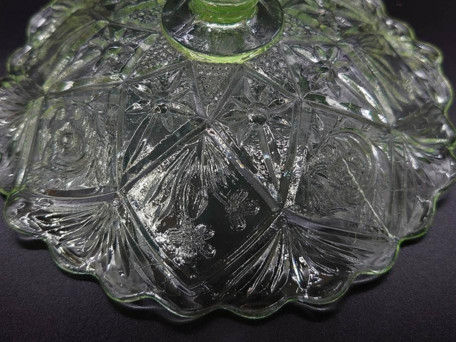 当時物　大正～昭和初期　ウランガラス　フリル　プレスガラス　水色　お部屋を華やかに演出するコンポート2点セット(フルーツボウル、果物入れ、デザートディッシュ、タッツア、硝子、和ガラス)(R-082794)