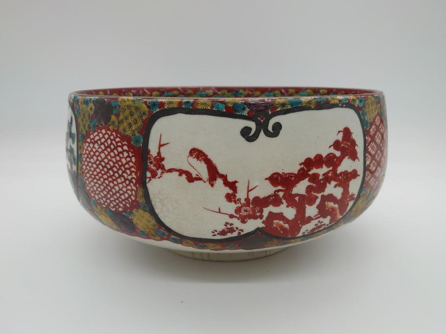 R-061812 希少 上手物 江戸~明治 九谷焼 二重角福 色絵 花鳥図 彩り
