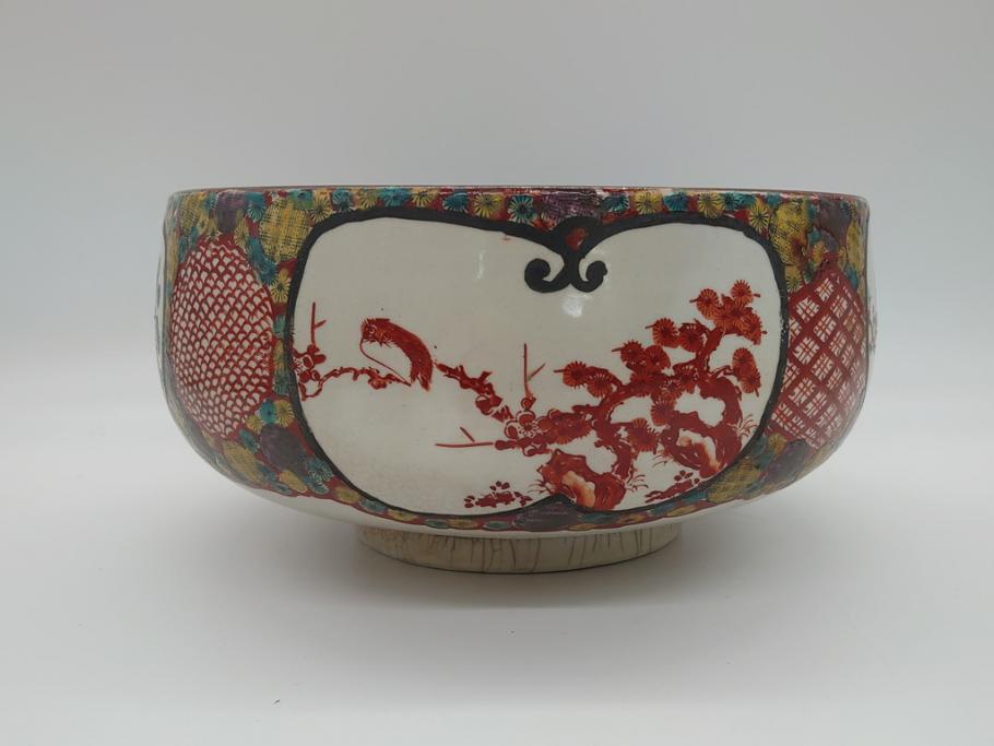 希少　上手物　江戸〜明治　九谷焼　二重角福　色絵　花鳥図　彩り鮮やかな絵付けに惹かれる9寸深鉢(松、梅、鳥、狸、人物、和食器)(R-061812)