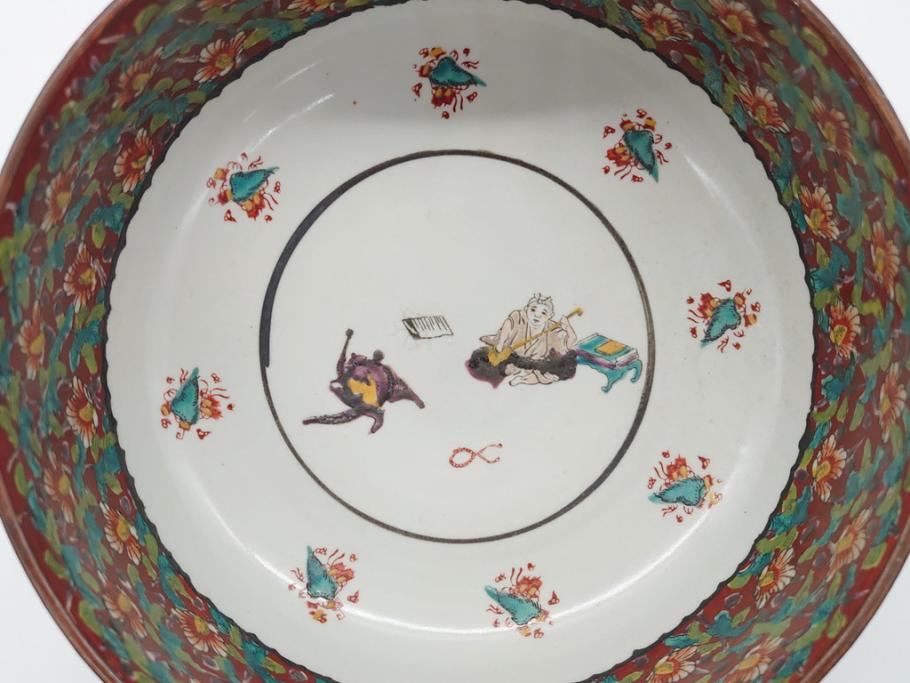 希少　上手物　江戸〜明治　九谷焼　二重角福　色絵　花鳥図　彩り鮮やかな絵付けに惹かれる9寸深鉢(松、梅、鳥、狸、人物、和食器)(R-061812)