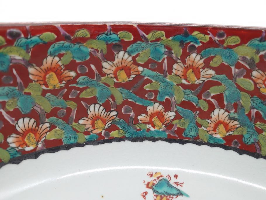 希少　上手物　江戸〜明治　九谷焼　二重角福　色絵　花鳥図　彩り鮮やかな絵付けに惹かれる9寸深鉢(松、梅、鳥、狸、人物、和食器)(R-061812)