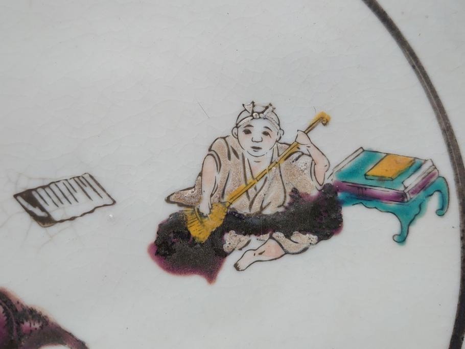希少　上手物　江戸〜明治　九谷焼　二重角福　色絵　花鳥図　彩り鮮やかな絵付けに惹かれる9寸深鉢(松、梅、鳥、狸、人物、和食器)(R-061812)