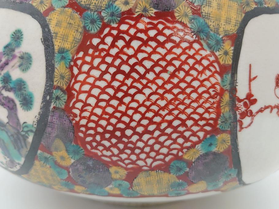 希少　上手物　江戸〜明治　九谷焼　二重角福　色絵　花鳥図　彩り鮮やかな絵付けに惹かれる9寸深鉢(松、梅、鳥、狸、人物、和食器)(R-061812)