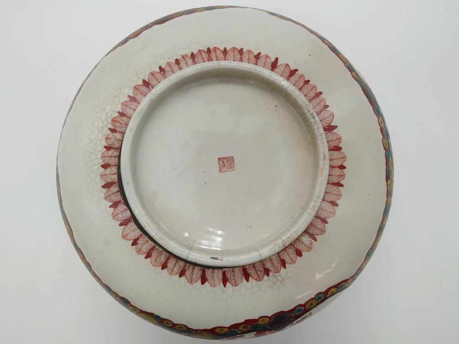 希少　上手物　江戸〜明治　九谷焼　二重角福　色絵　花鳥図　彩り鮮やかな絵付けに惹かれる9寸深鉢(松、梅、鳥、狸、人物、和食器)(R-061812)